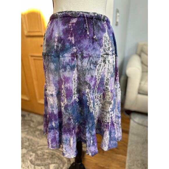 Boho Tie Dye Midi Skirt Purple Blue Ruffle Hem Lightweight Elastic Waist - Picture 2 of 6